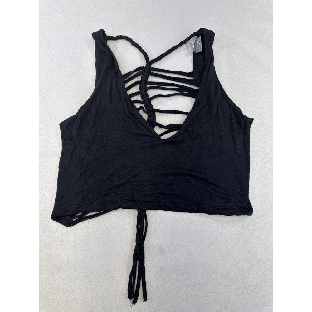 SPARKLE FADE Boho Neck Sleeveless Strappy Cutout Crop Top Womens S Black Cotton